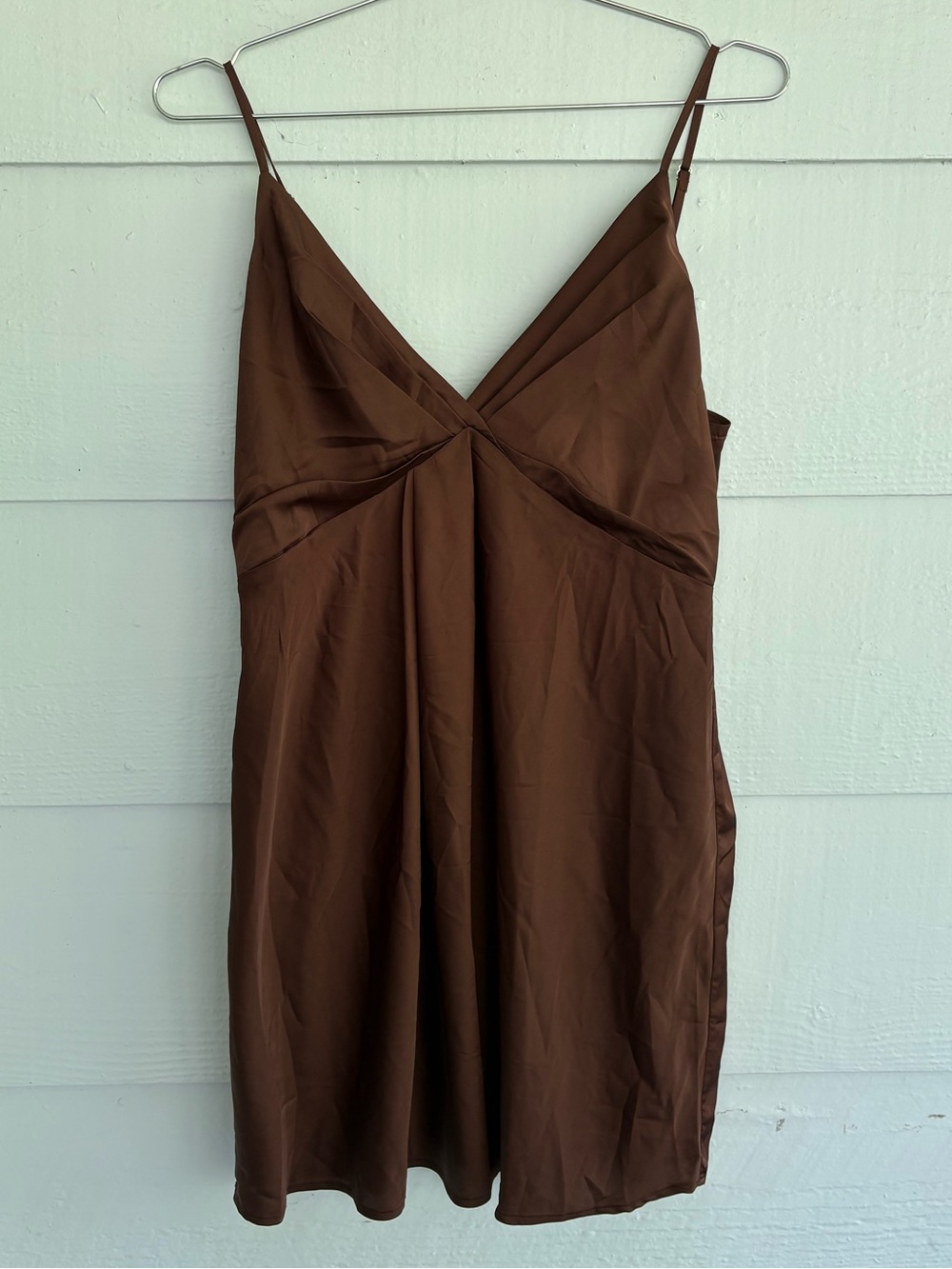 Forever 21 Brown Satin Mini Dress L Twist Front Spaghetti Strap Party Formal